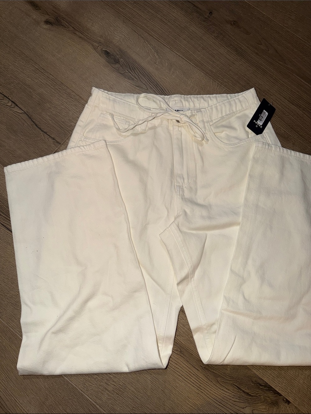 Women's Straight Leg Jeans in Cream - Drawstring Waist
